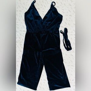 Navy Blue Velvet V-Neck Jumpsuit